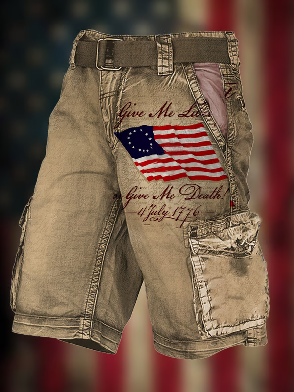 Men's Vintage Flag Independence Day Multi-Pocket Print Cargo Shorts (Belt Included)