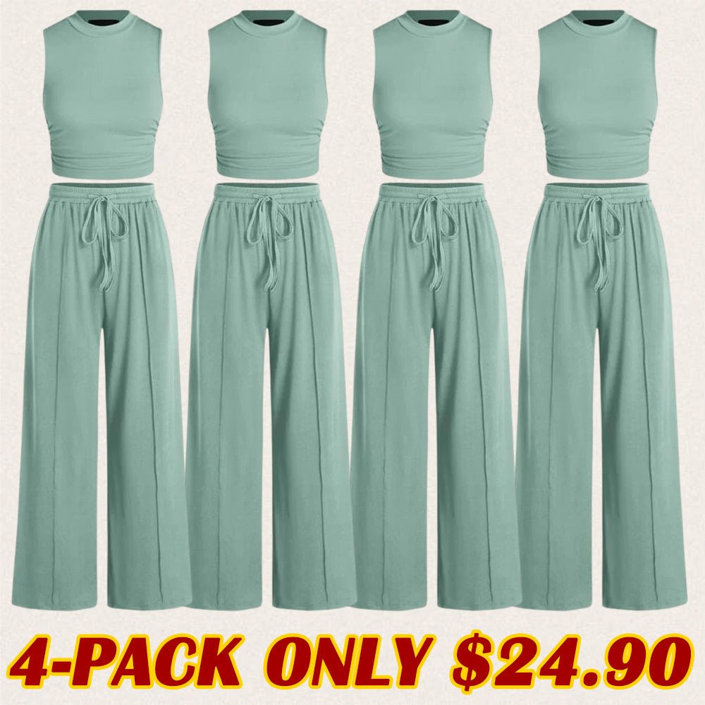 Women's Summer 2-Piece Outfits - Ribbed Knit Crew Neck Sleeveless Cropped Top & Wide Leg Pants Lounge Set