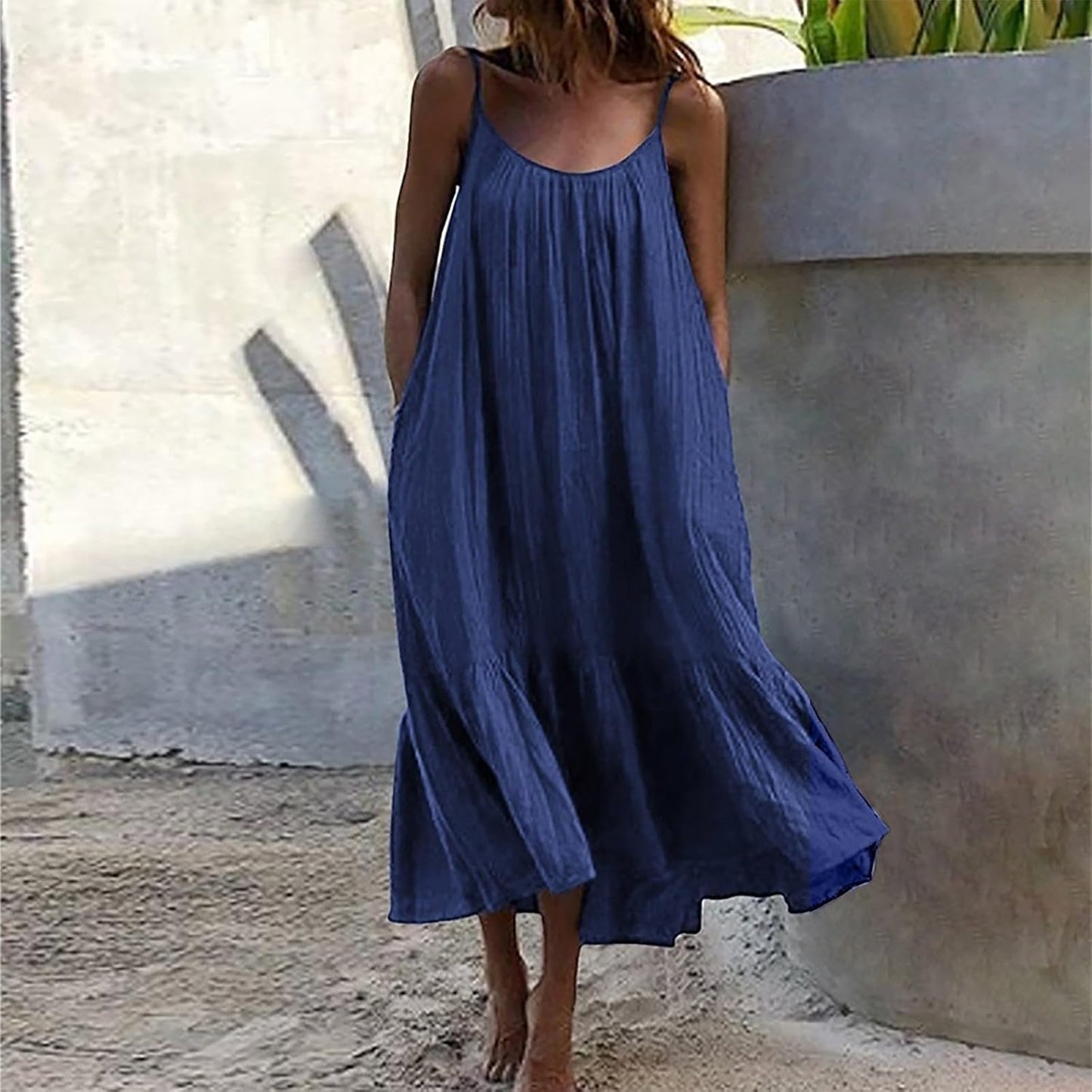 Summer Dresses Loose Fit Sleeveless Spaghetti Strap Asymmetric Tiered Maxi Dress Baggy