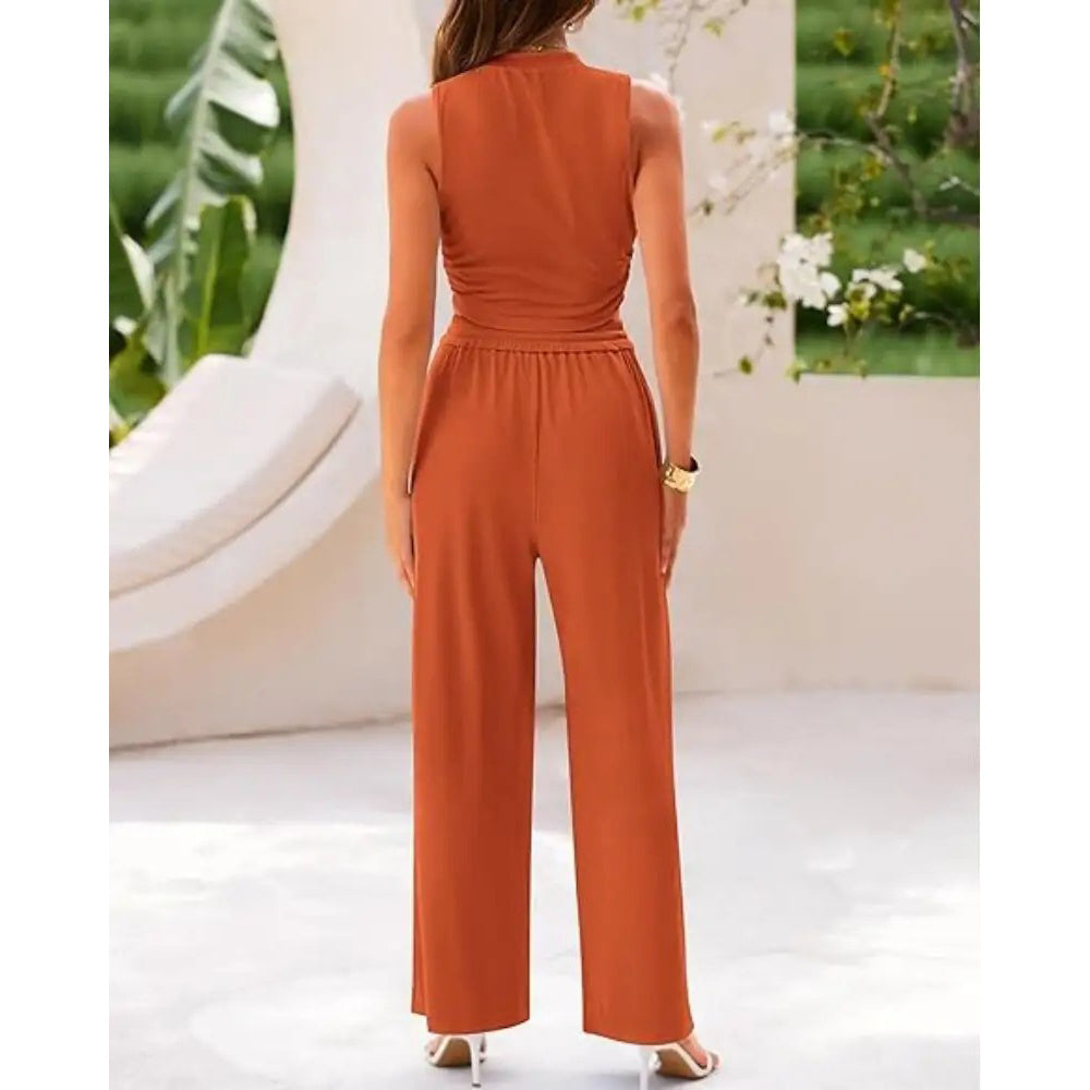 Women's Summer 2-Piece Outfits - Ribbed Knit Crew Neck Sleeveless Cropped Top & Wide Leg Pants Lounge Set
