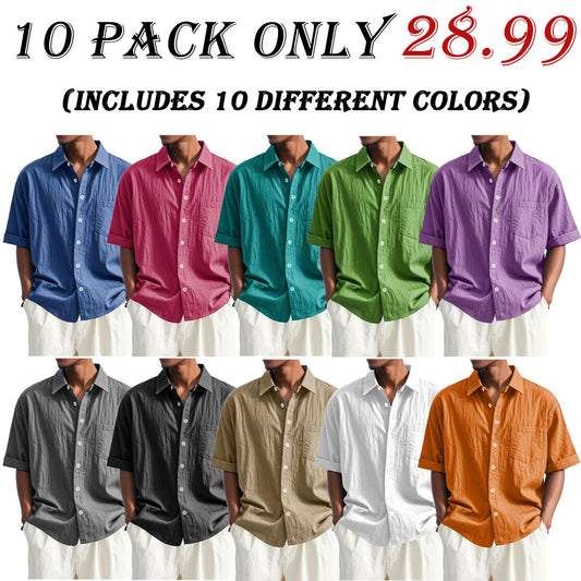 Men's Fashion Casual Pleated Fabric Short Sleeve Lapel Pocket Shirt