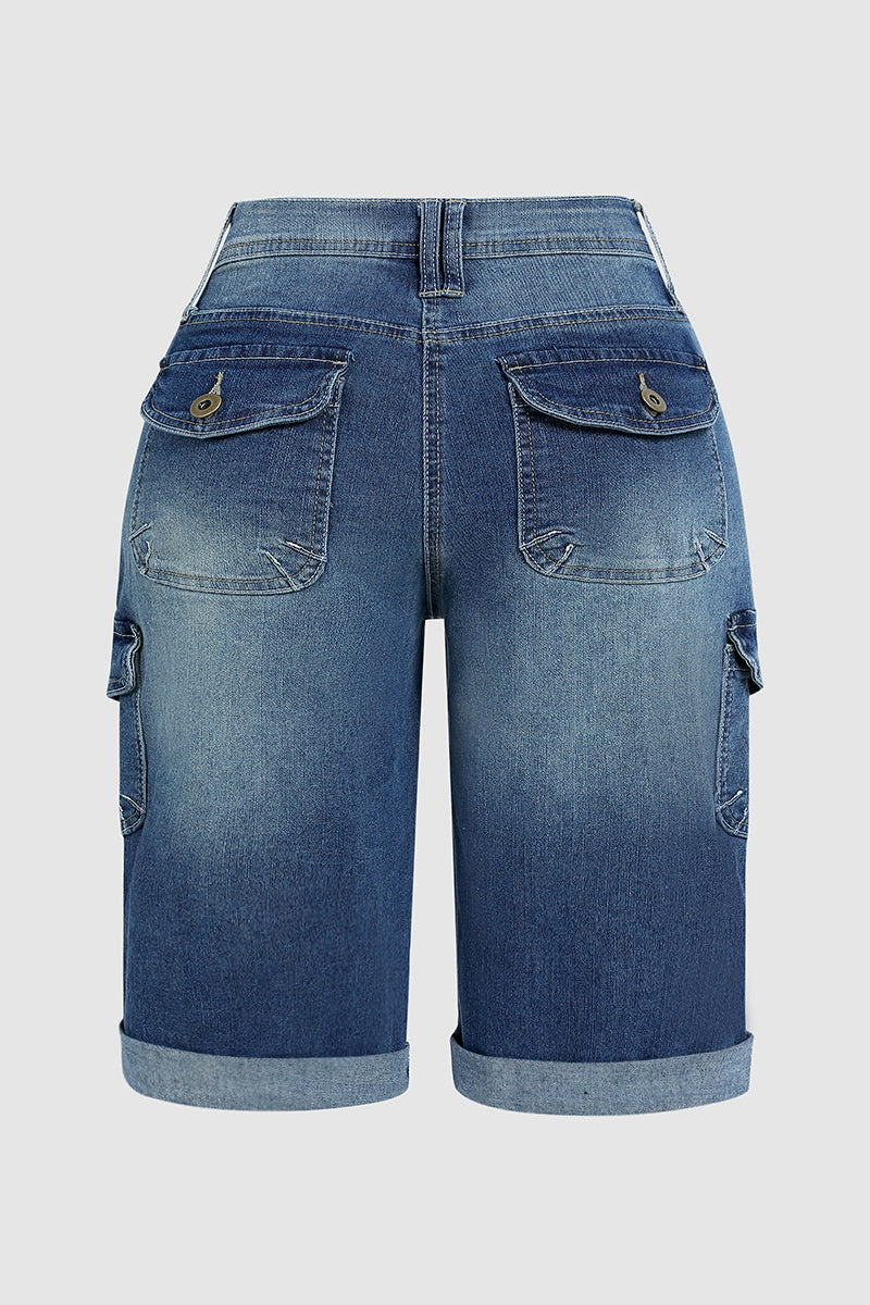 🔥Flap Pocket Roll Hem Denim Bermuda Shorts Without Belt