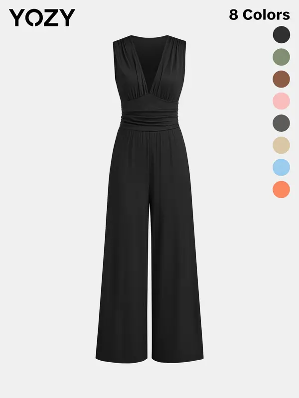 🔥Flash Sale⚡ Deep V Neck Ruched Tank Jumpsuit, Sleeveless Wide Leg Jumpsuit, Women's Vacation & Holiday Wear for Evening Outfits on Holiday, Valentine's Day Gift for Girl