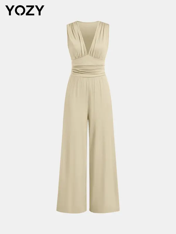 🔥Flash Sale⚡ Deep V Neck Ruched Tank Jumpsuit, Sleeveless Wide Leg Jumpsuit, Women's Vacation & Holiday Wear for Evening Outfits on Holiday, Valentine's Day Gift for Girl