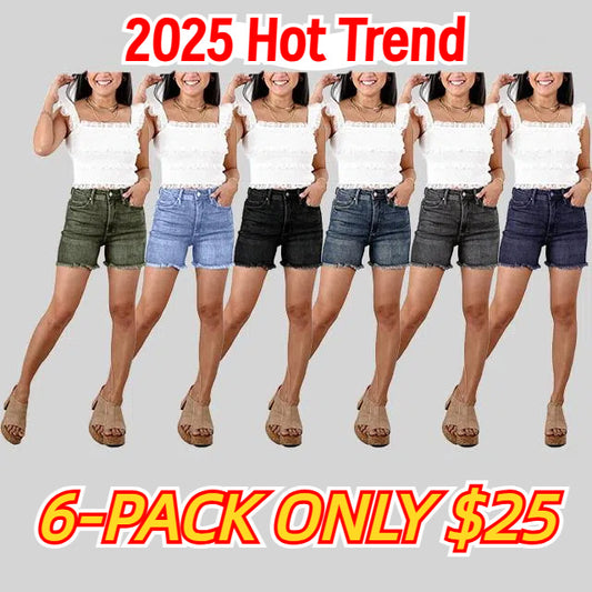 🔥2025 Hot Trend🔥Dark Wash Tummy Control Fray Hem Shorts with Shield Back Pockets