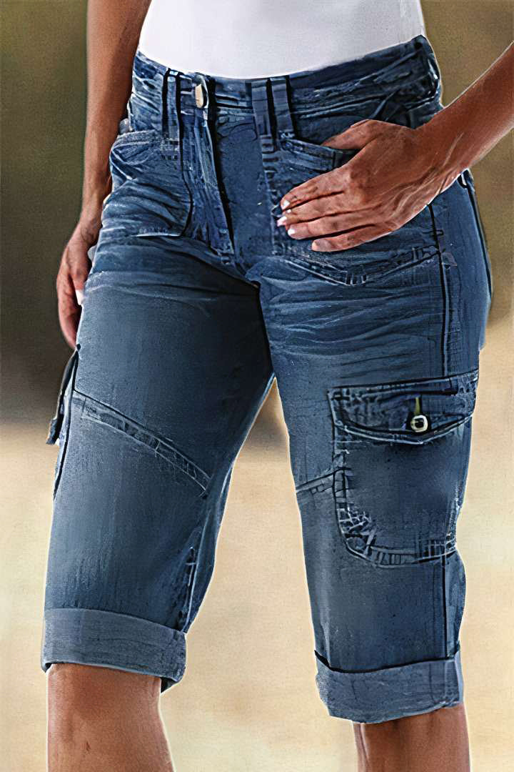 🔥Flap Pocket Roll Hem Denim Bermuda Shorts Without Belt