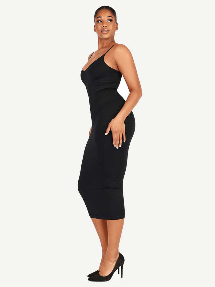Seamless Spaghetti Strap V Neck Maxi Dress with Built-in Bodycon