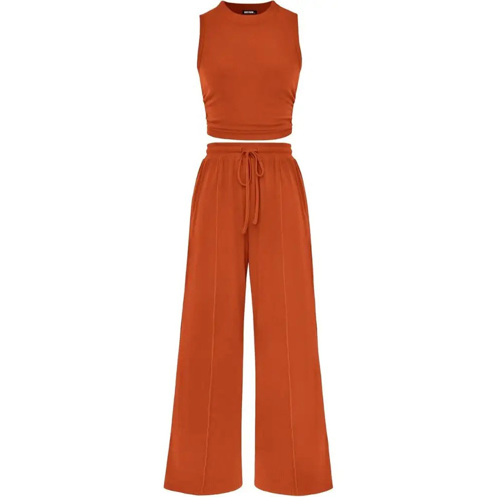 Women's Summer 2-Piece Outfits - Ribbed Knit Crew Neck Sleeveless Cropped Top & Wide Leg Pants Lounge Set