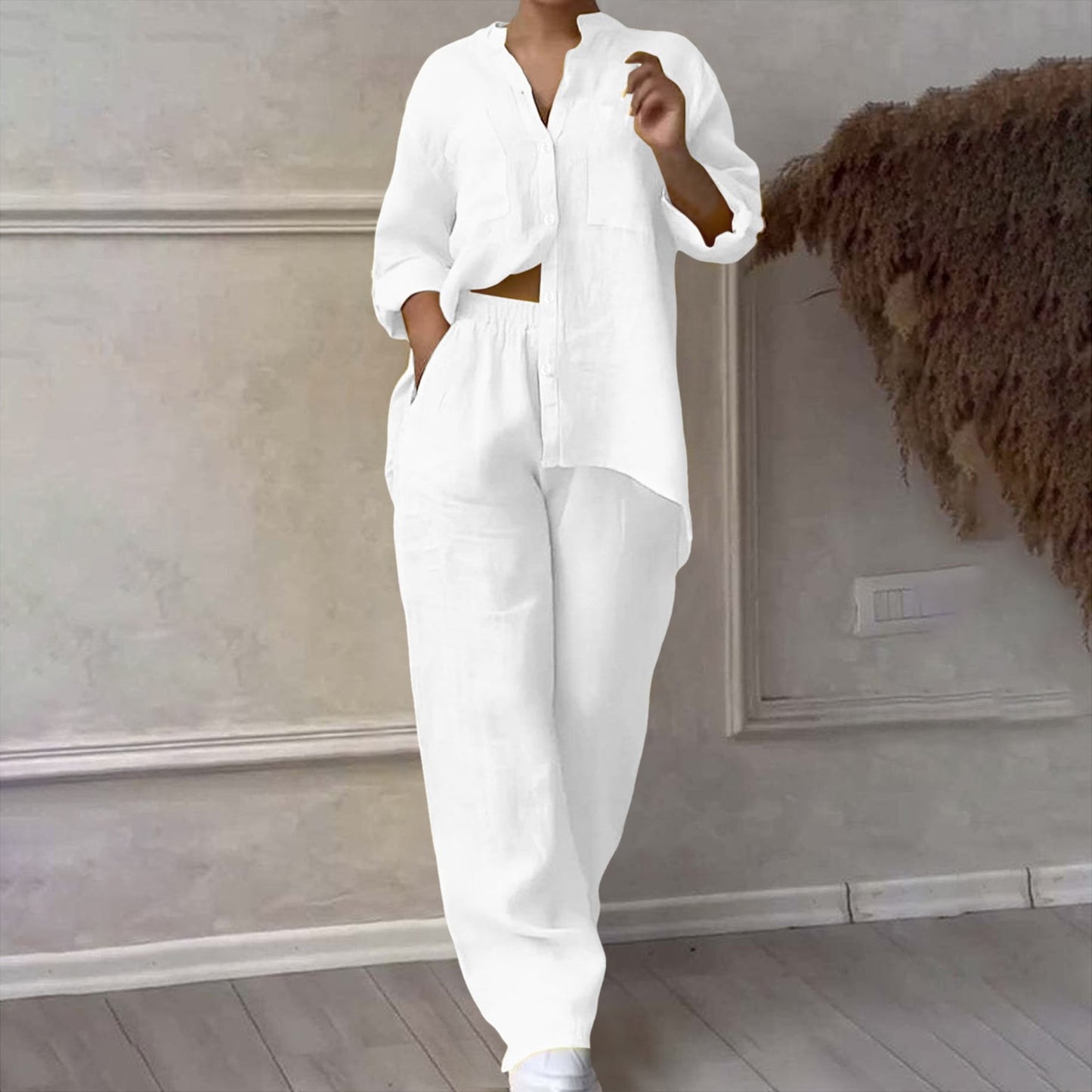 Women's Two Piece 2025 Lapel Long Sleeved Shirt Spring Summer Casual Solid Pants Wide Leg Two Piece Suit Women's Fashion Business Suit Two Piece Pants Set Women Trousers Suit Outfits for Women Girls