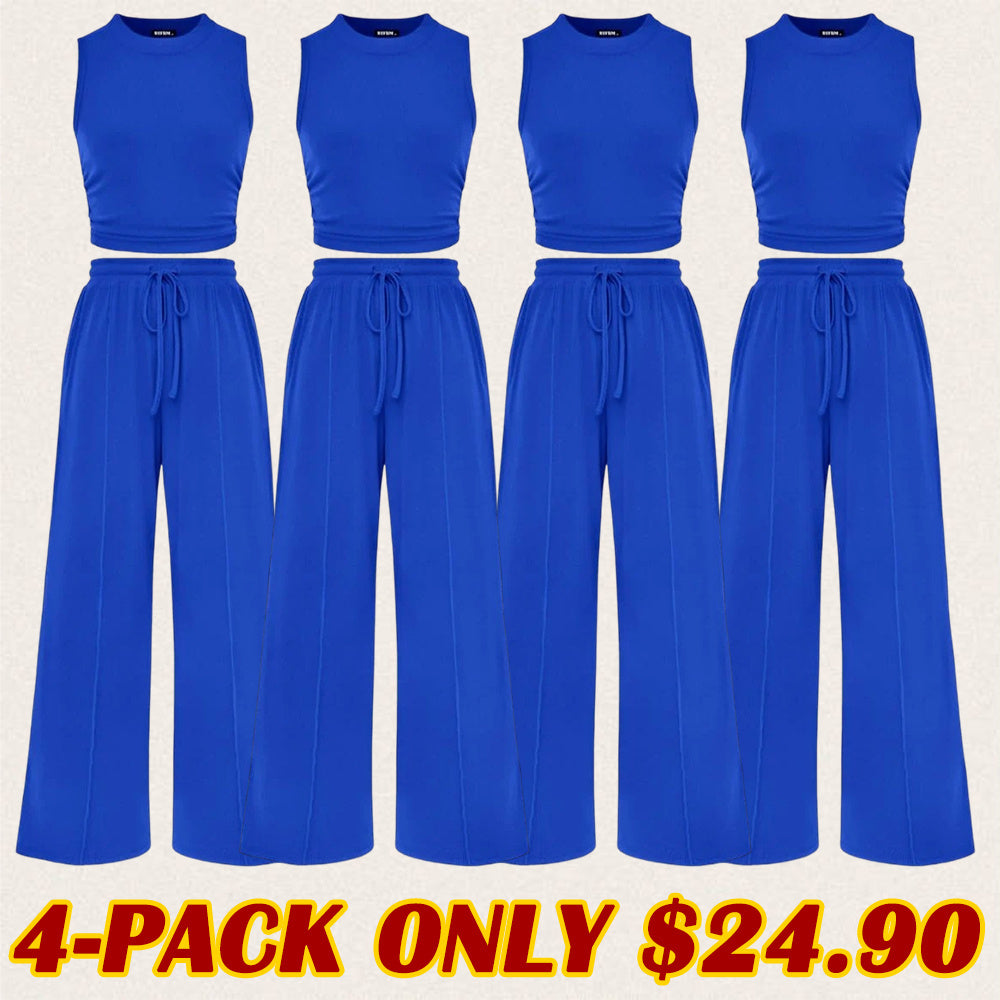 Women's Summer 2-Piece Outfits - Ribbed Knit Crew Neck Sleeveless Cropped Top & Wide Leg Pants Lounge Set