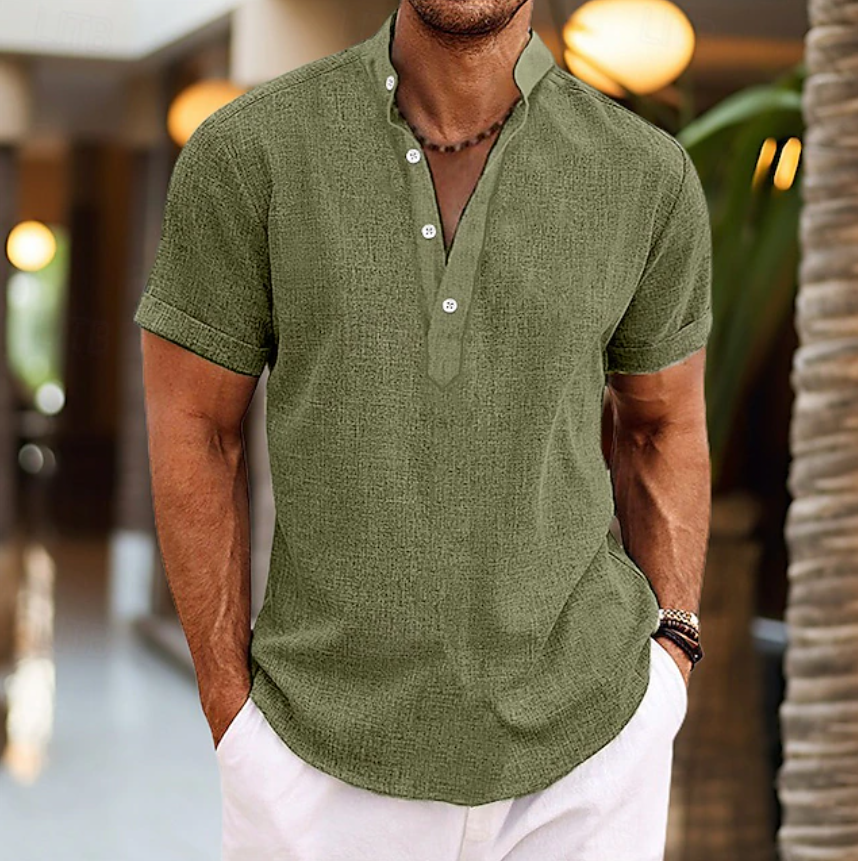 Men's Shirt Linen Shirt Band Collar Shirt Popover Shirt Summer Shirt Beach Wear Plain Vacation Casual Black White Yellow Pink Short Sleeve Henley Summer Clothing Apparel