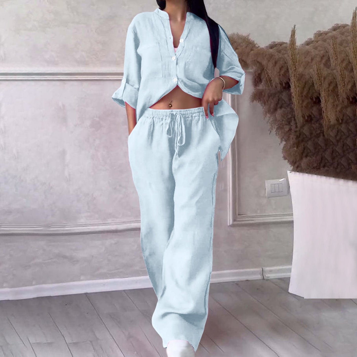 Women's Two Piece 2025 Lapel Long Sleeved Shirt Spring Summer Casual Solid Pants Wide Leg Two Piece Suit Women's Fashion Business Suit Two Piece Pants Set Women Trousers Suit Outfits for Women Girls
