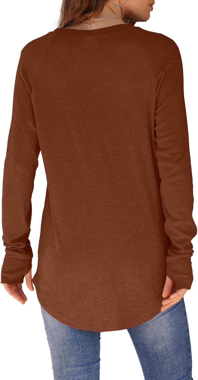 Womens Tunic Tops to Wear with Leggings Long Sleeve Thumb Hole Shirts Crew Neck Curved Hem Fall Winter Clothes