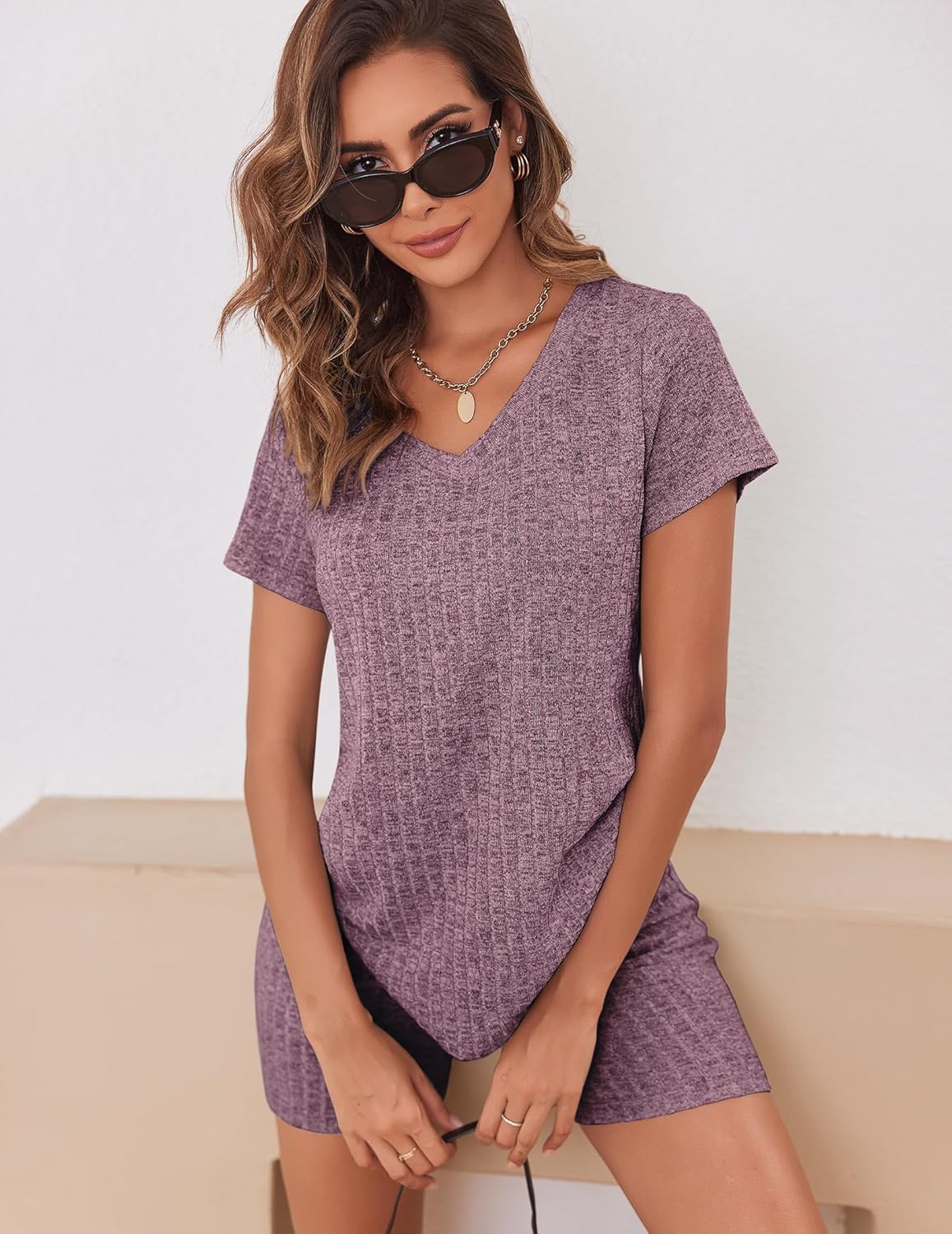 Biker Short Sets Women 2 Piece Outfits Ribbed Pajama Short Sleeve Workout Set