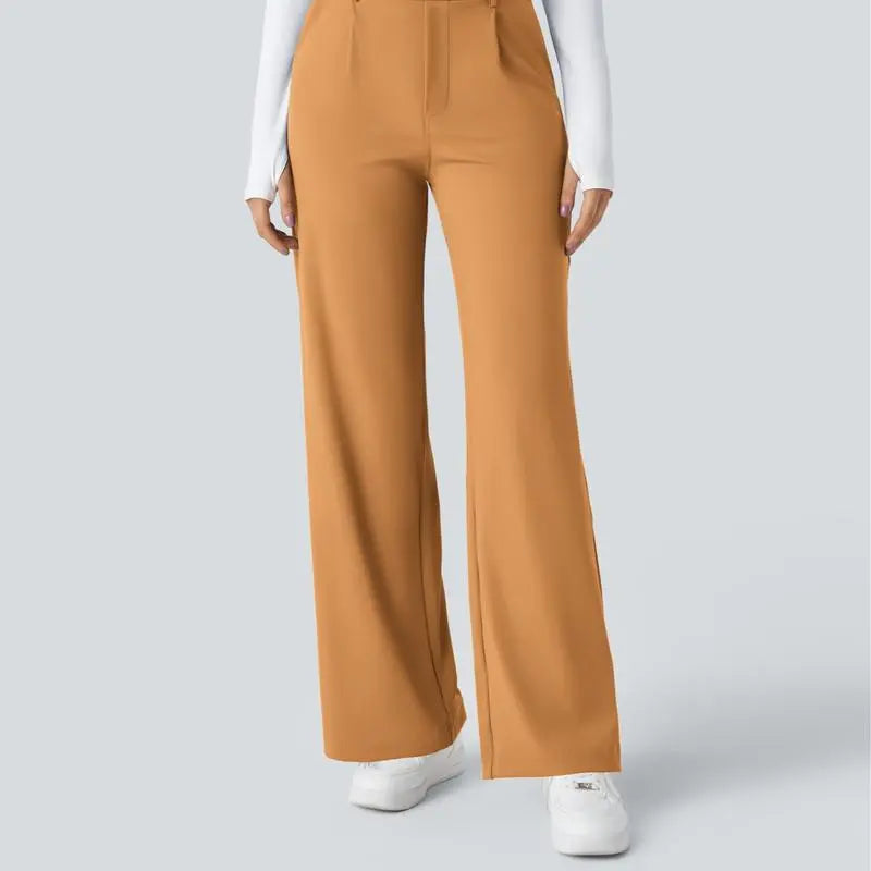 High Waisted Plicated Side Pocket Straight Leg Work Pants