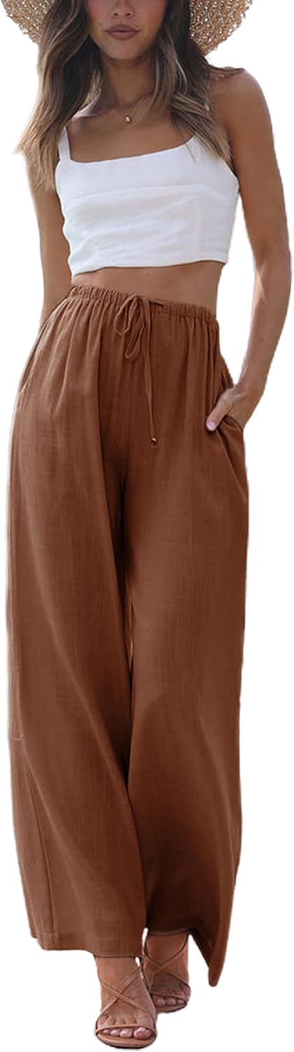 Women's Cotton Linen Summer Palazzo Pants Flowy Wide Leg Beach Trousers with Pockets