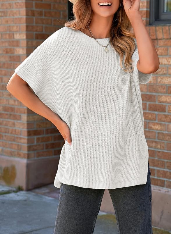 Womens Tops Crewneck Short Sleeve Sweater Causal Tunic Tops Lightweight Summer Sweaters for Women