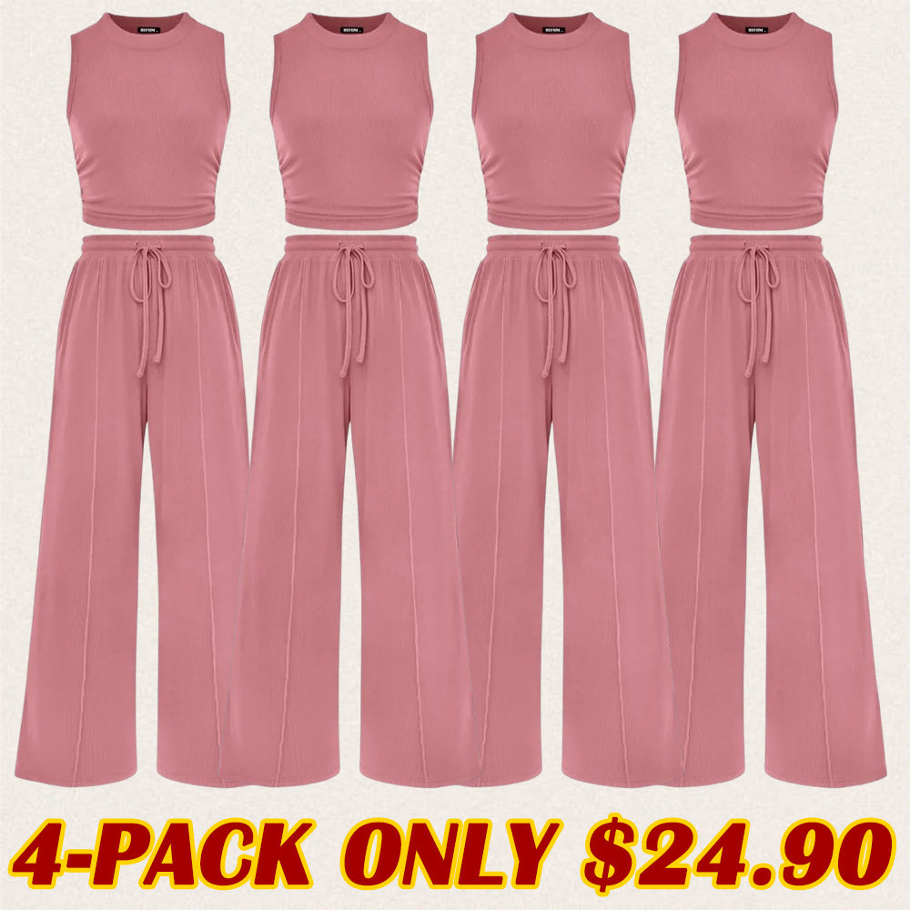 Women's Summer 2-Piece Outfits - Ribbed Knit Crew Neck Sleeveless Cropped Top & Wide Leg Pants Lounge Set