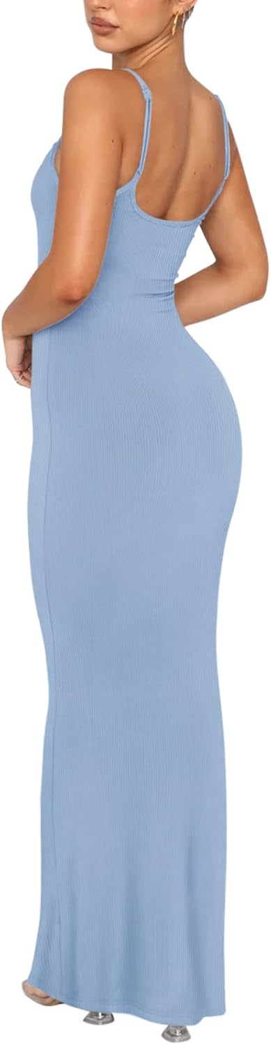 Women's Basic Sexy Lounge Slip Long Dress Elegant Sleeveless Backless Ribbed Bodycon Maxi Dresses