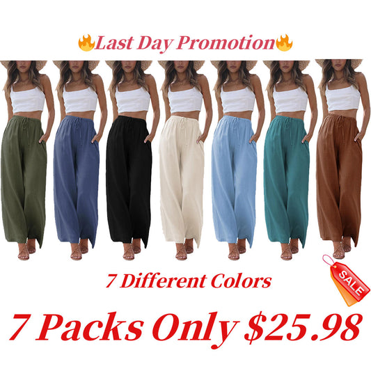 Women's Cotton Linen Summer Palazzo Pants Flowy Wide Leg Beach Trousers with Pockets
