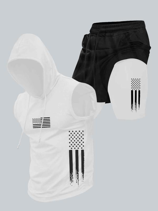 Season promotion--Two-piece Set Men's American Flag Print Hooded Tank Top & Shorts Set