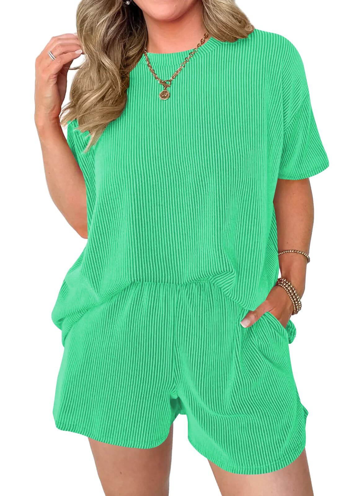 Women's Pocket Casual Short Sleeve T-shirt & Elastic Waist Shorts, Ribbed 2 Piece Sets