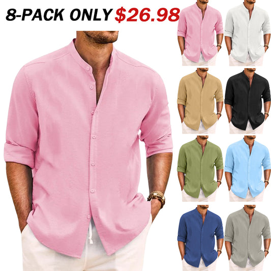 Men's Shirt Band Collar Shirt Summer Shirt Beach Wear Casual Shirt Button Up Shirt Plain Vacation Casual Black White Pink Green Long Sleeve Band Collar Spring & Summer Clothing Apparel