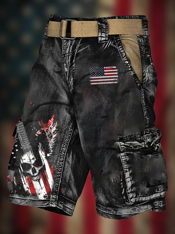 Men's Vintage Flag Independence Day Multi-Pocket Print Cargo Shorts (Belt Included)