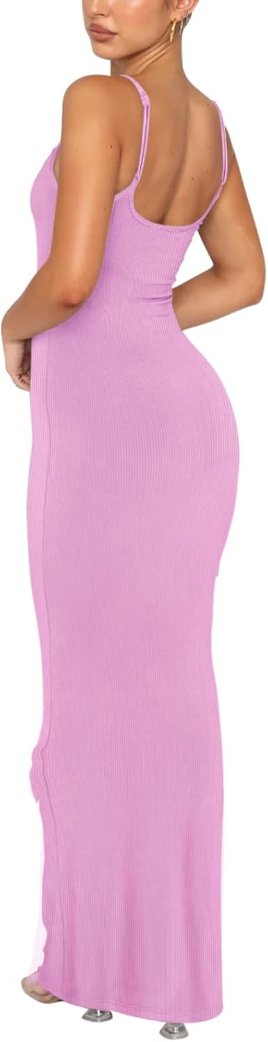 Women's Basic Sexy Lounge Slip Long Dress Elegant Sleeveless Backless Ribbed Bodycon Maxi Dresses