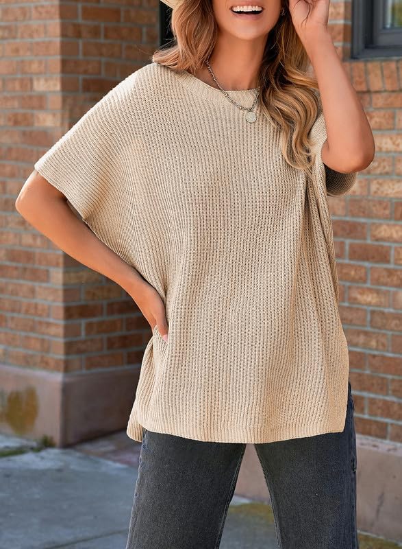 Womens Tops Crewneck Short Sleeve Sweater Causal Tunic Tops Lightweight Summer Sweaters for Women