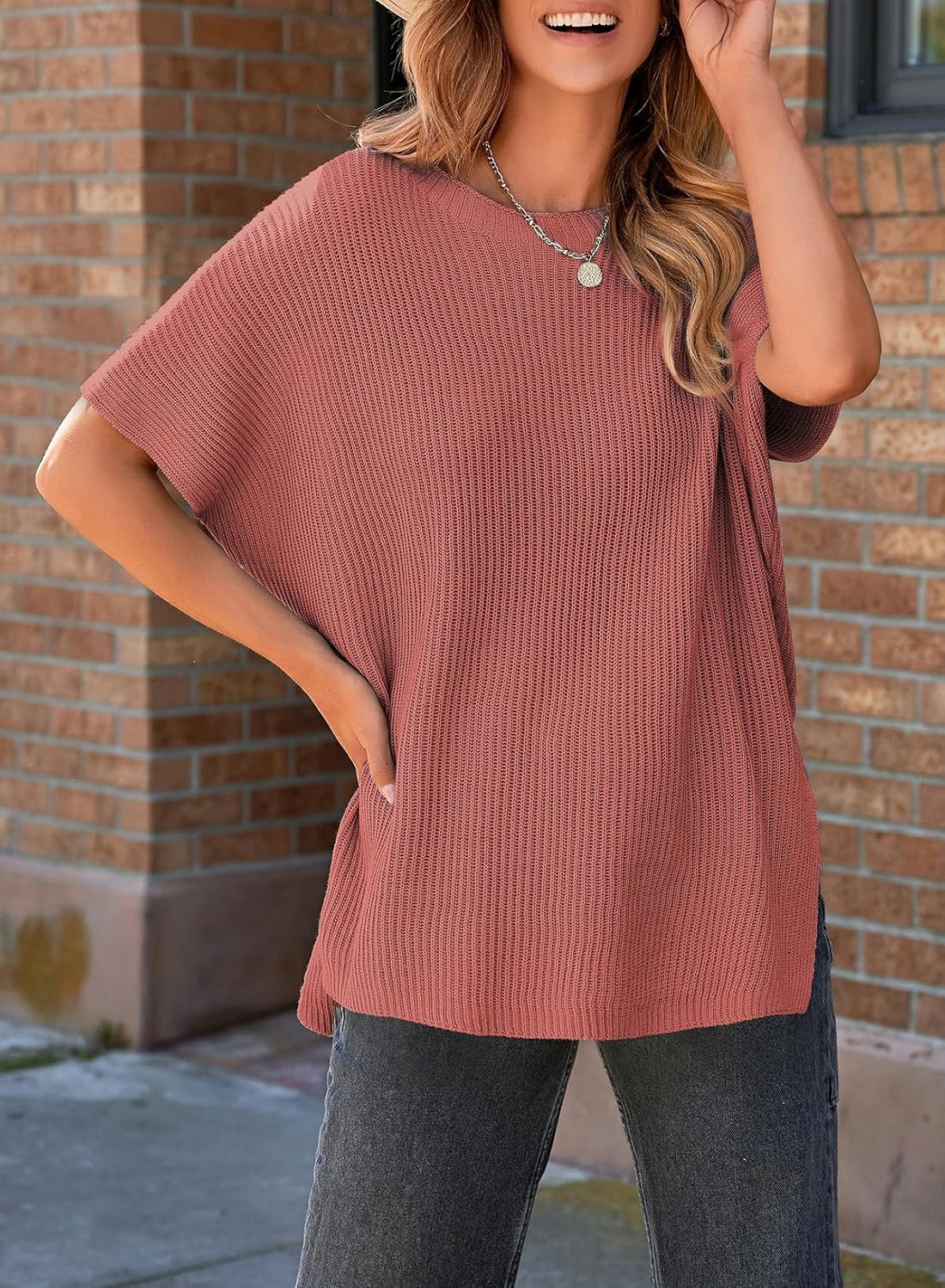 Womens Tops Crewneck Short Sleeve Sweater Causal Tunic Tops Lightweight Summer Sweaters for Women