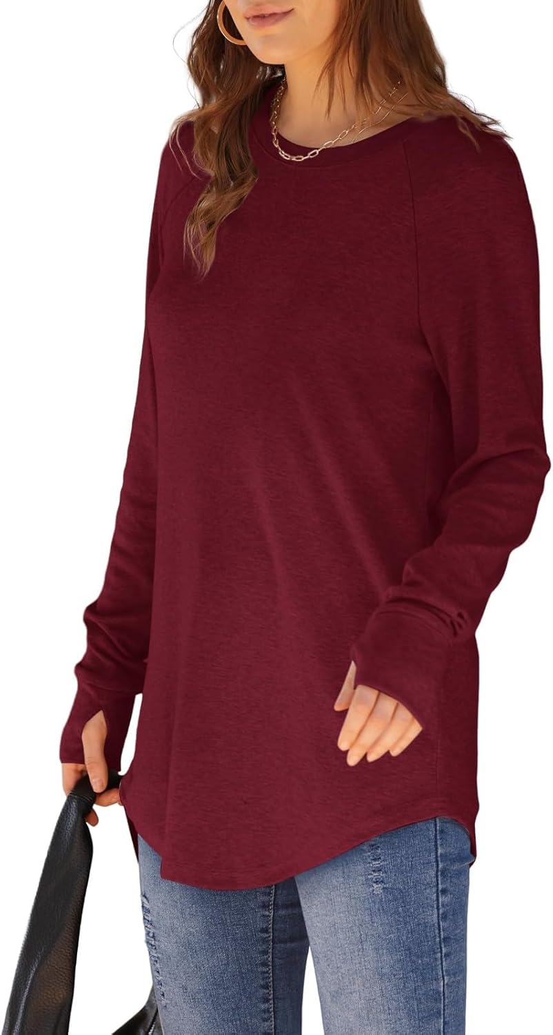 Womens Tunic Tops to Wear with Leggings Long Sleeve Thumb Hole Shirts Crew Neck Curved Hem Fall Winter Clothes