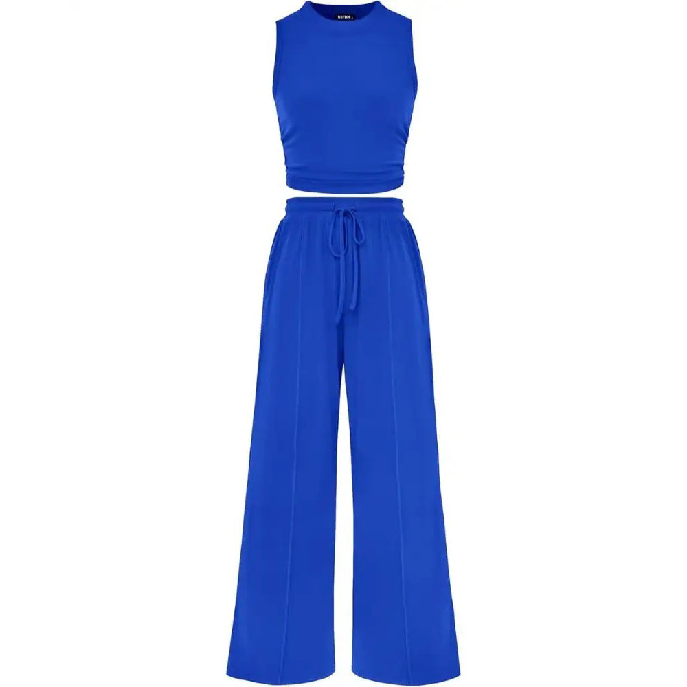 Women's Summer 2-Piece Outfits - Ribbed Knit Crew Neck Sleeveless Cropped Top & Wide Leg Pants Lounge Set