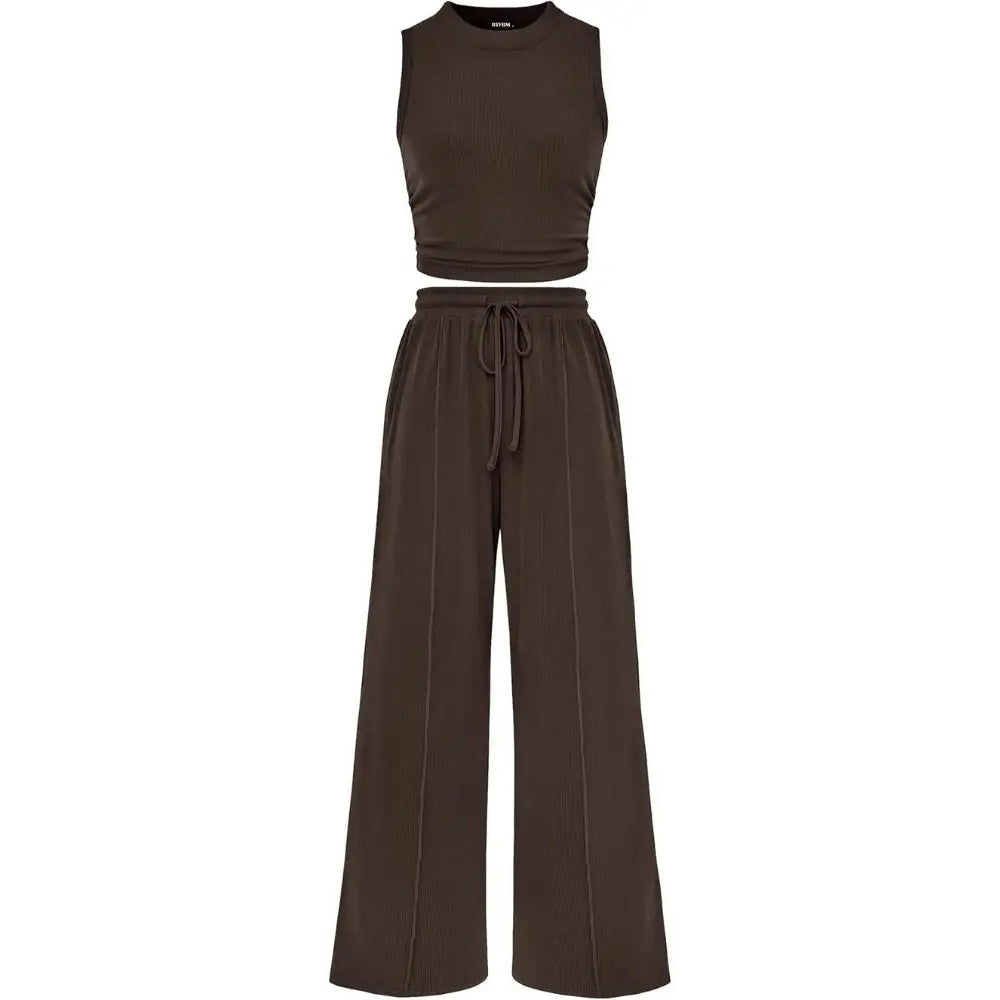 Women's Summer 2-Piece Outfits - Ribbed Knit Crew Neck Sleeveless Cropped Top & Wide Leg Pants Lounge Set