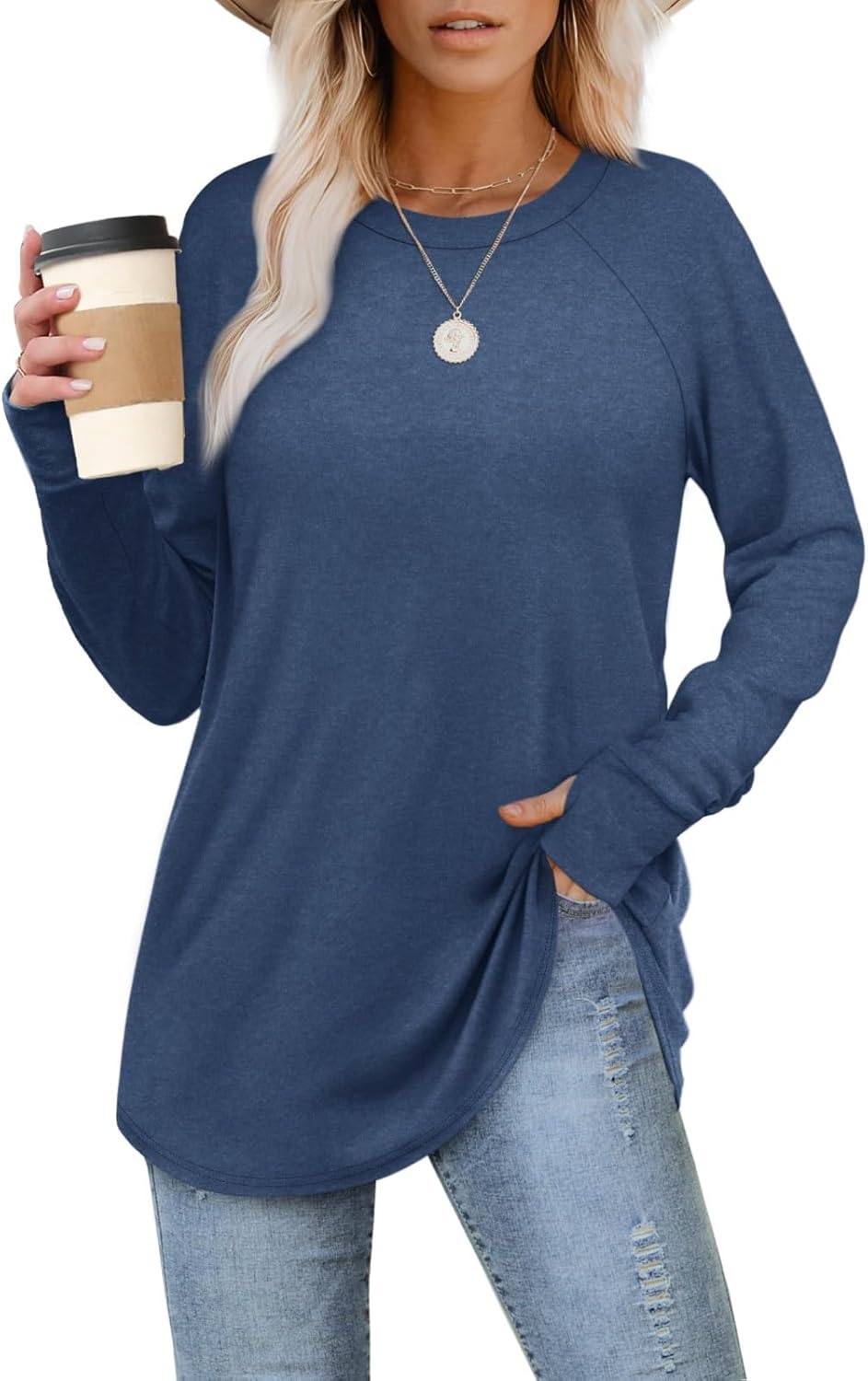 Womens Tunic Tops to Wear with Leggings Long Sleeve Thumb Hole Shirts Crew Neck Curved Hem Fall Winter Clothes