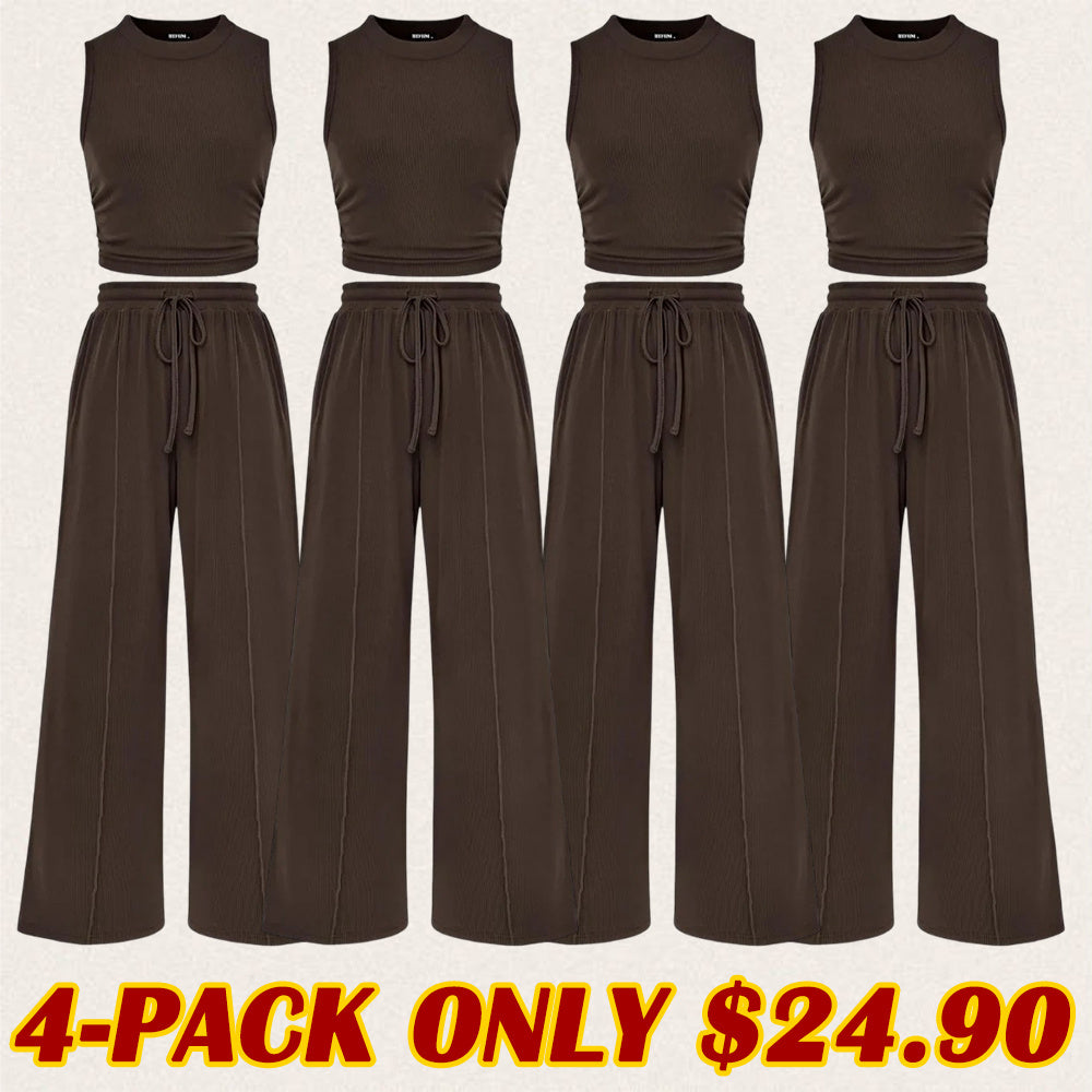 Women's Summer 2-Piece Outfits - Ribbed Knit Crew Neck Sleeveless Cropped Top & Wide Leg Pants Lounge Set
