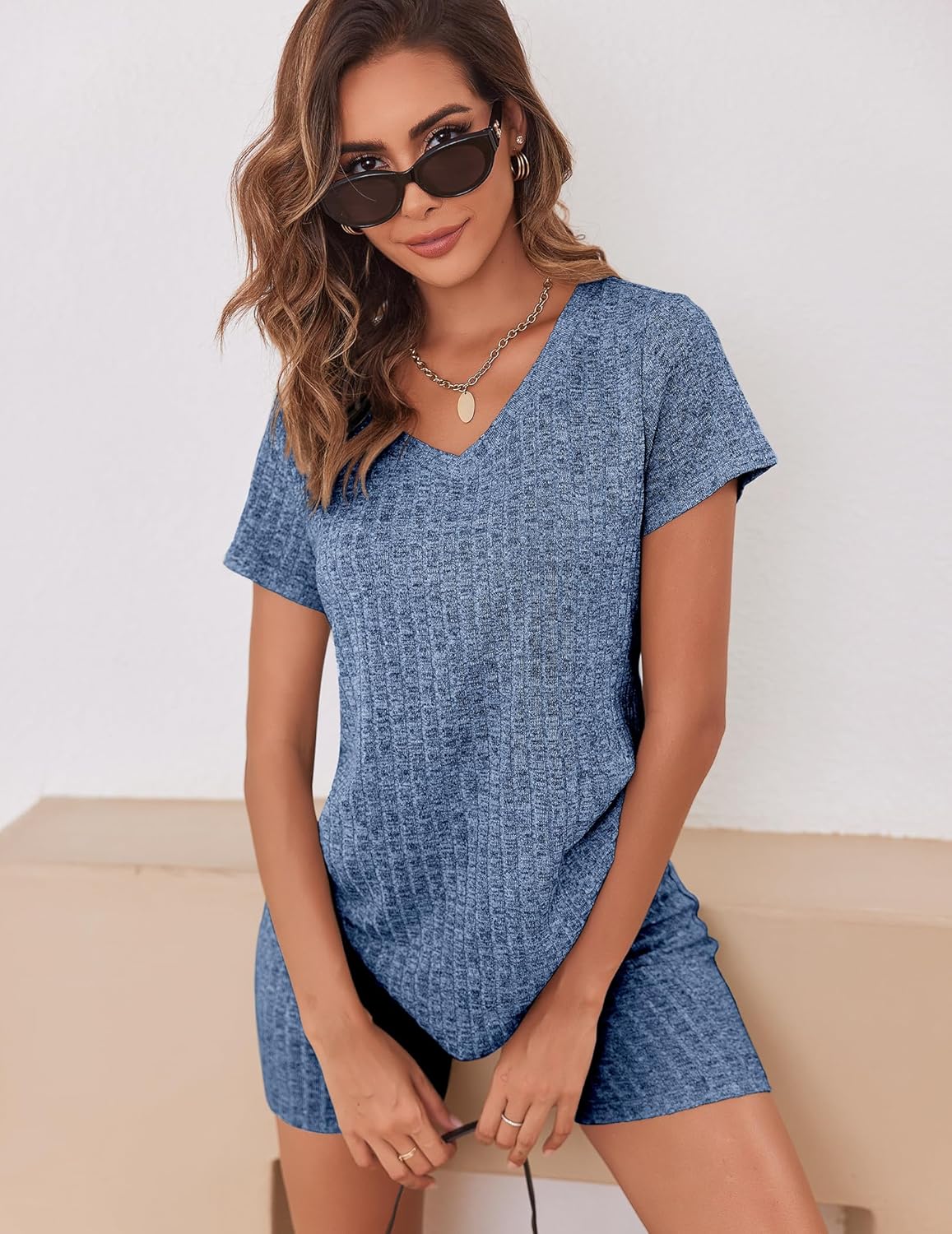 Biker Short Sets Women 2 Piece Outfits Ribbed Pajama Short Sleeve Workout Set
