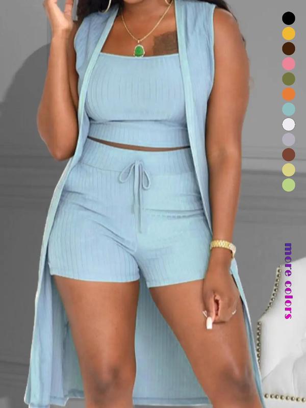 Three-Piece Set Women's Solid Ribbed Co-ord Set, Casual Crop Tank Top & Drawstring Waist Shorts & Vest Coat Set for Daily Wear, Summer Clothes, Chic Women's Clothing