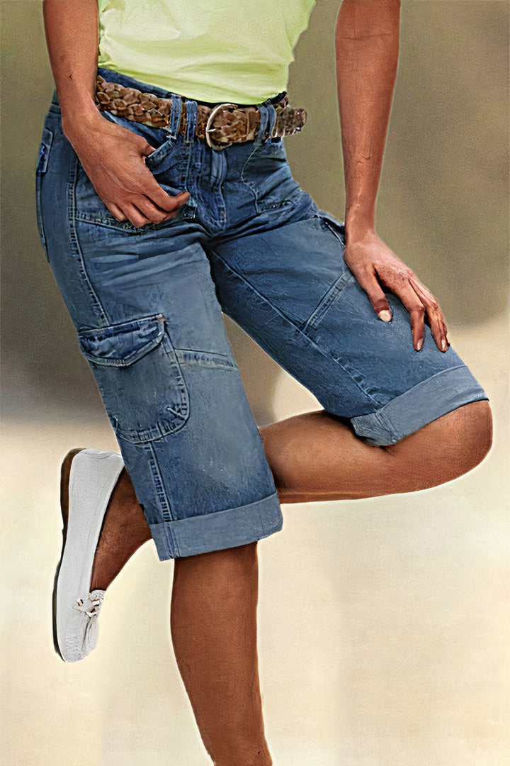 🔥Flap Pocket Roll Hem Denim Bermuda Shorts Without Belt