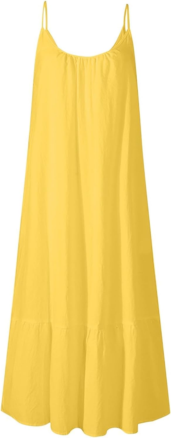 Summer Dresses Loose Fit Sleeveless Spaghetti Strap Asymmetric Tiered Maxi Dress Baggy