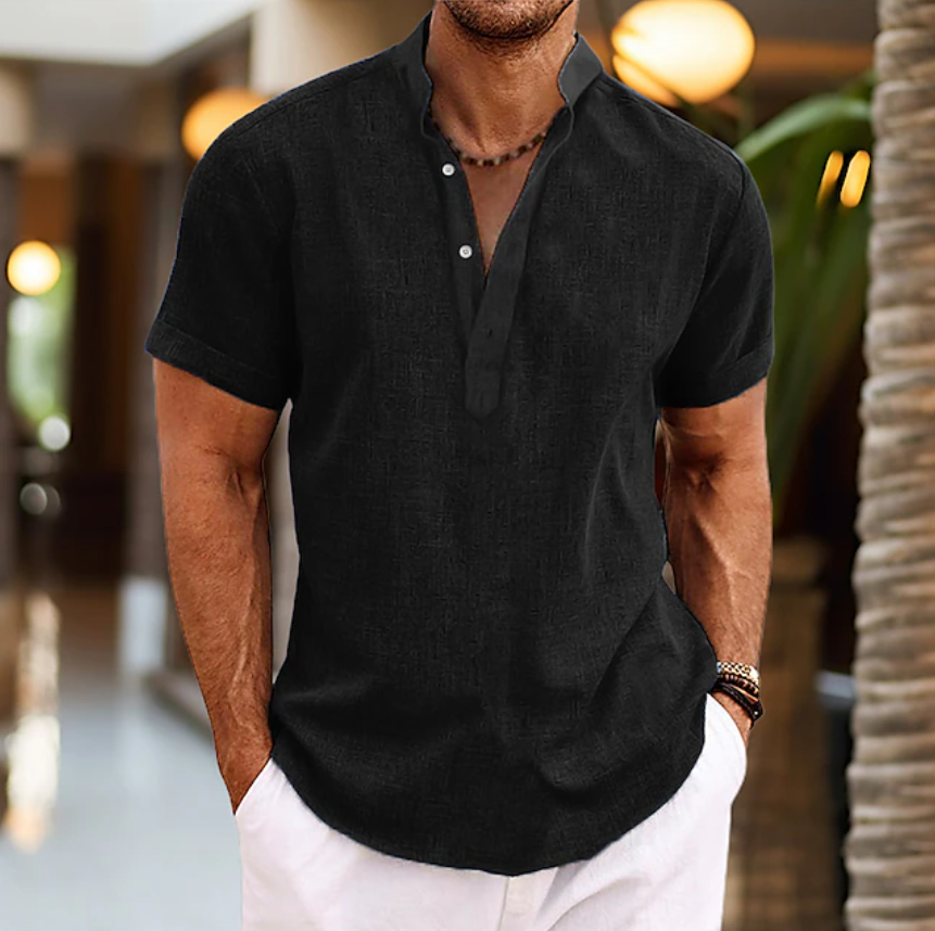 Men's Shirt Linen Shirt Band Collar Shirt Popover Shirt Summer Shirt Beach Wear Plain Vacation Casual Black White Yellow Pink Short Sleeve Henley Summer Clothing Apparel