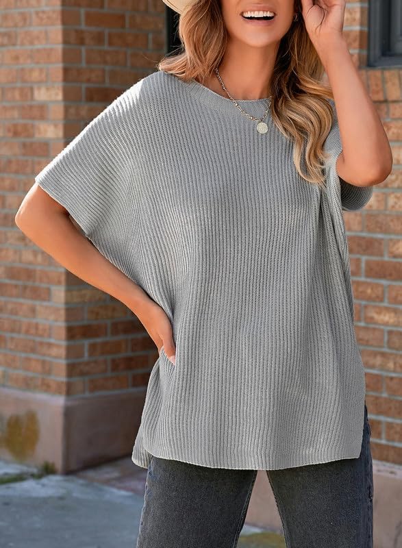 Womens Tops Crewneck Short Sleeve Sweater Causal Tunic Tops Lightweight Summer Sweaters for Women