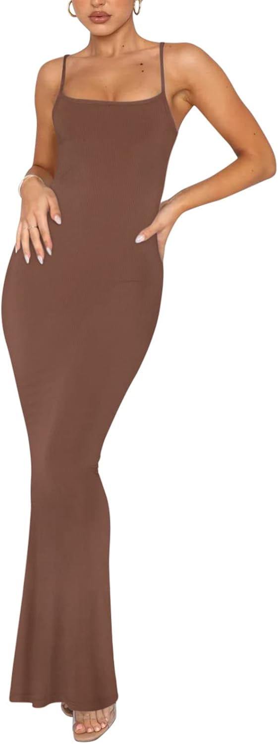 Women's Basic Sexy Lounge Slip Long Dress Elegant Sleeveless Backless Ribbed Bodycon Maxi Dresses