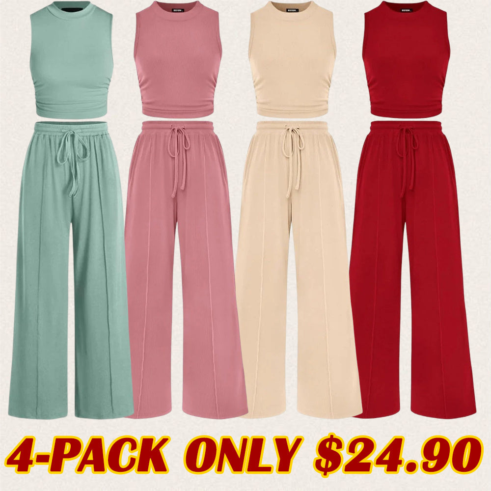 Women's Summer 2-Piece Outfits - Ribbed Knit Crew Neck Sleeveless Cropped Top & Wide Leg Pants Lounge Set