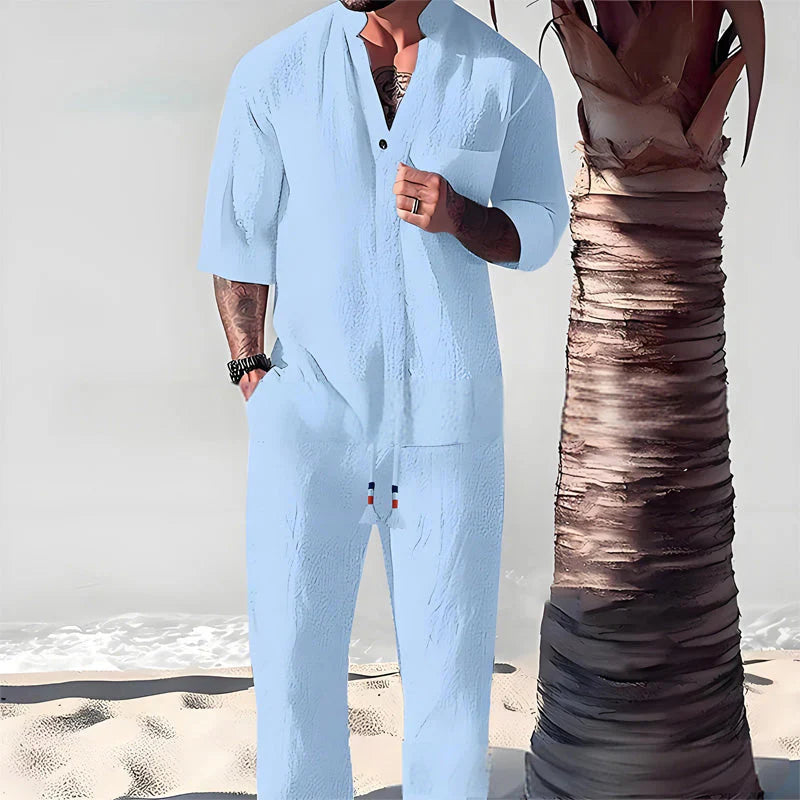 Men's two-piece set in cotton linen: top and trousers