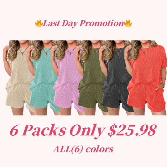 Women's Pocket Casual Short Sleeve T-shirt & Elastic Waist Shorts, Ribbed 2 Piece Sets