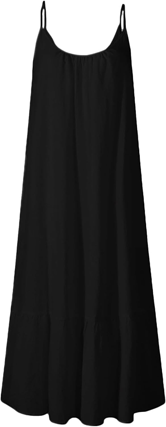 Summer Dresses Loose Fit Sleeveless Spaghetti Strap Asymmetric Tiered Maxi Dress Baggy