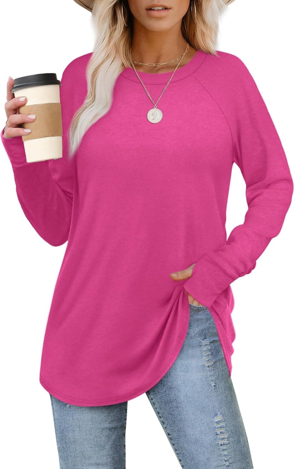 Womens Tunic Tops to Wear with Leggings Long Sleeve Thumb Hole Shirts Crew Neck Curved Hem Fall Winter Clothes