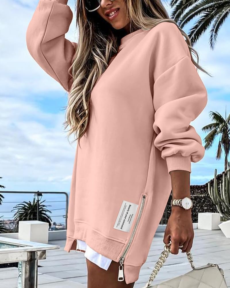 Womens Long Sleeve Zipper Slit Oversized Sweatshirt 2025 Casual Pullover Zipper Hoodies Fall Clothes
