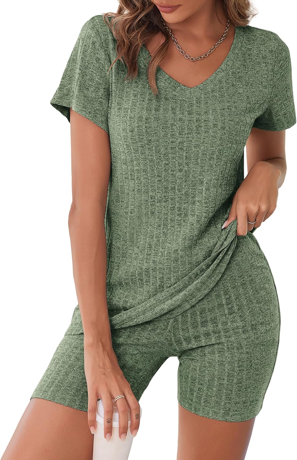 Biker Short Sets Women 2 Piece Outfits Ribbed Pajama Short Sleeve Workout Set
